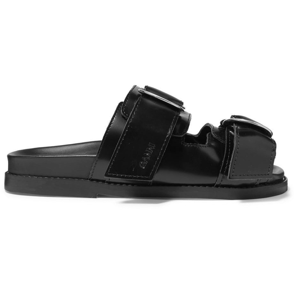 GANNI Buckled Polished-leather Slides - Picture 7 of 9